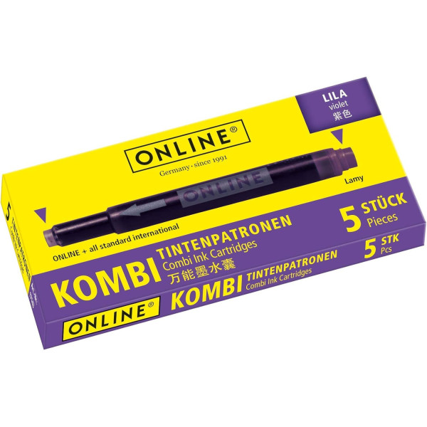 photo - Cartouches d'encre - Lilas - Encre non effaçable - Pour stylo plume et roller - 5 grandes cartouches