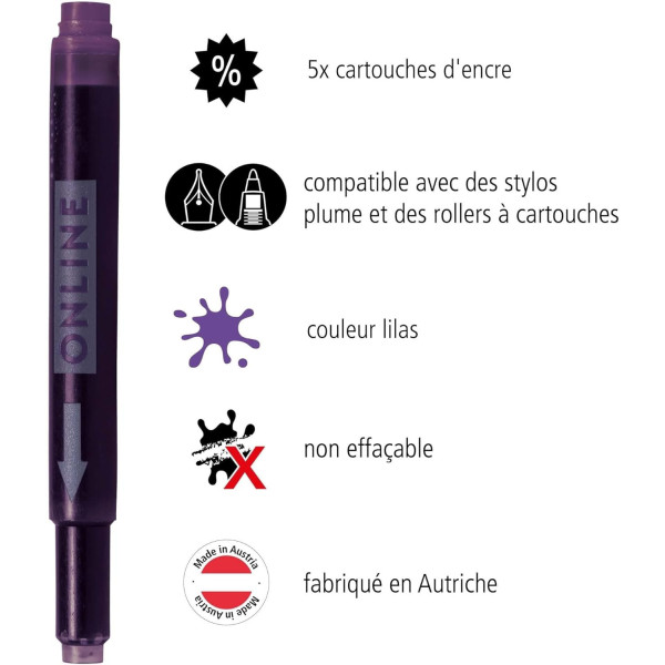 Cartouches d'encre - Lilas - Encre non effaçable - Pour stylo plume et roller - 5 grandes cartouches