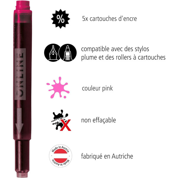 Cartouches d'encre - Rose - Encre non effaçable - Pour stylo plume et roller - 5 grandes cartouches