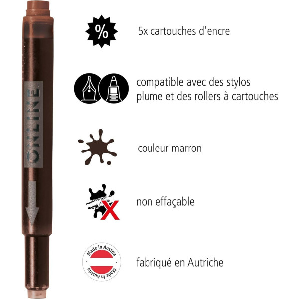 Cartouches d'encre - Marron - Encre non effaçable - Pour stylo plume et roller - 5 grandes cartouches