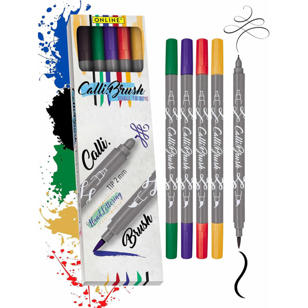 photo - Feutres - Calligraphie - Double pointe - 2mm et pinceau - 5 couleurs classiques - Online