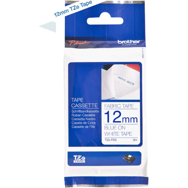 photo - Recharge pour étiqueteuse - Brother - TZe-FA3 - Textile - Fond blanc écriture bleu - 12mm