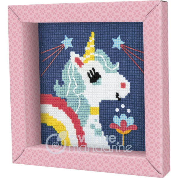 Canevas - Enfant - Point de croix - Licorne - 14x14xcm - Fils et aiguilles