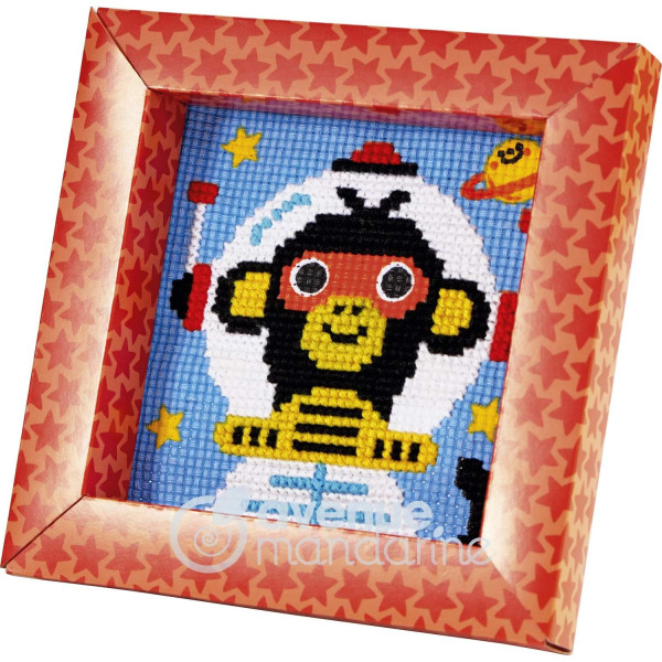 Canevas - Enfant - Point de croix - Singe cosmonaute - 14x14xcm - Fils et aiguilles