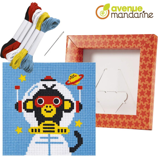 Canevas - Enfant - Point de croix - Singe cosmonaute - 14x14xcm - Fils et aiguilles