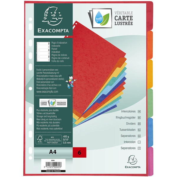 Intercalaires A4 - 6 Positions - Carte Lustrée 400G - Exacompta pas cher