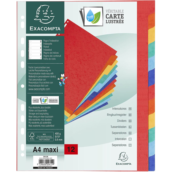 Intercalaires A4+ - 12 Positions - Carte Lustrée 400G - Exacompta pas cher