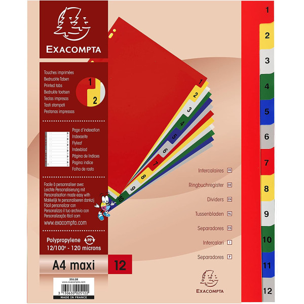 Intercalaires Polypro - 12 Positions - 1 À 12 - A4+ - Exacompta pas cher