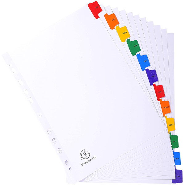 Intercalaires A4 - 12 Positions - Mensuel - Carte Blanche 160G - Exacompta | Surdiscount
