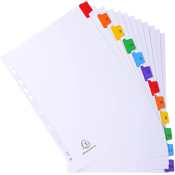 Intercalaires A4 - 12 Positions - 1 À 12 - Carte Blanche 160G - Exacompta | à seulement 1,5 €