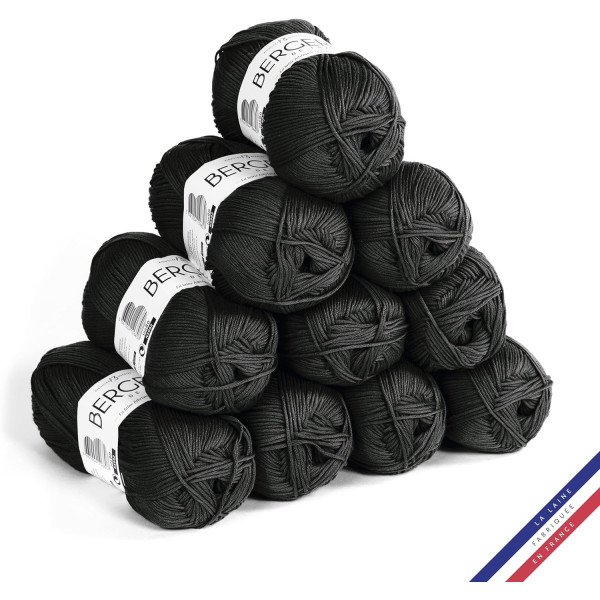 10 pelotes de laine - Noir - 100% coton bio - 3mm - Tricot et crochet - Bergère de France