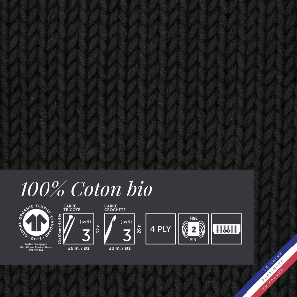 10 pelotes de laine - Noir - 100% coton bio - 3mm - Tricot et crochet - Bergère de France