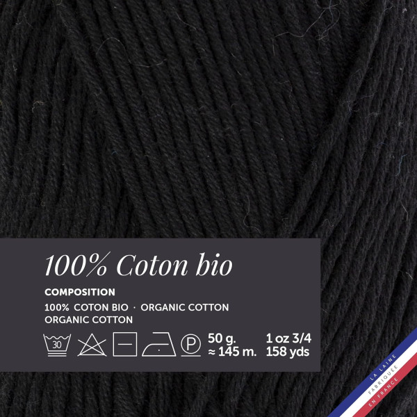 10 pelotes de laine - Noir - 100% coton bio - 3mm - Tricot et crochet - Bergère de France