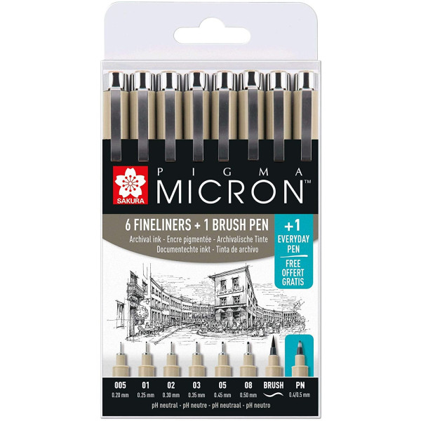 Etui De 6 Feutres Pigma Micron Noir + 1 Feutre Brush Sakura pas cher-16435