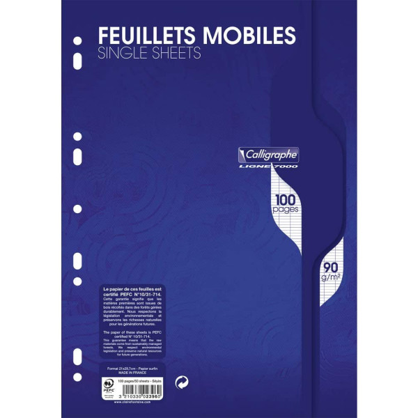 LOT DE 100 COPIES SIMPLES FEUILLES MOBILES SEYES 90G CALLIGRAPHE pas cher