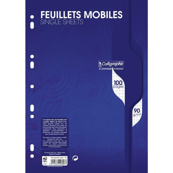Feuillets Mobiles Perforées 21X29,7 A4 Petits Carreaux 5X5 90G Clairefontaine pas cher