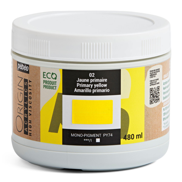 photo-Peinture acrylique - Jaune primaire - 2 - Haute viscosité - Pébéo - Origin acrylics - 480ml