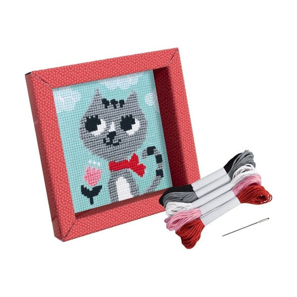 Canevas - Enfant - Point de croix - Chat - 14x14xcm - Fils et aiguilles