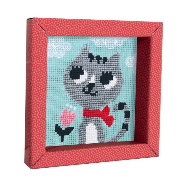 Canevas - Enfant - Point de croix - Chat - 14x14xcm - Fils et aiguilles