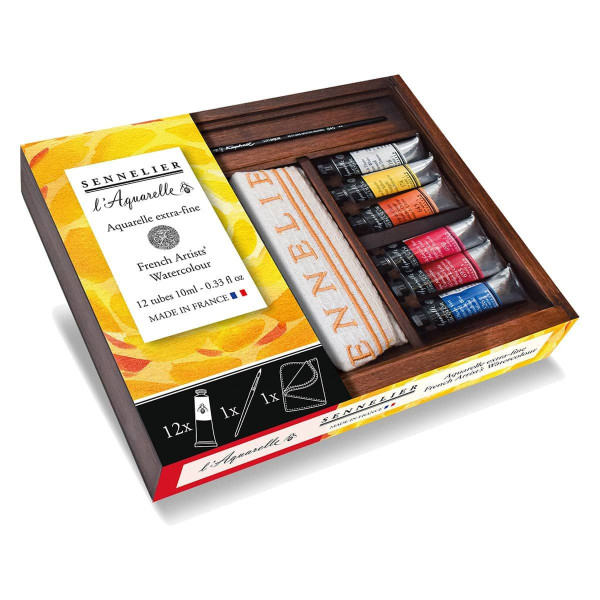 photo - Peinture aquarelle - Extra-fine - Sennelier - 12 tubes 10ml - Coffret bois