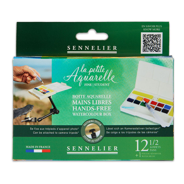 photo-Peinture aquarelle - Fine - Boîte 12 demi-godets - Sennelier - La petite aquarelle - Pinceau inclus