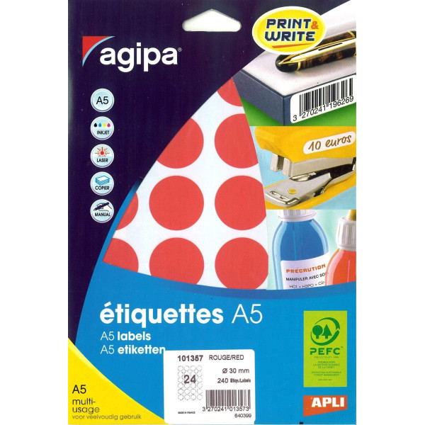 240 Gommettes Rondes - A5 - 30Mm De Diamètre - Rouge - Apli pas cher