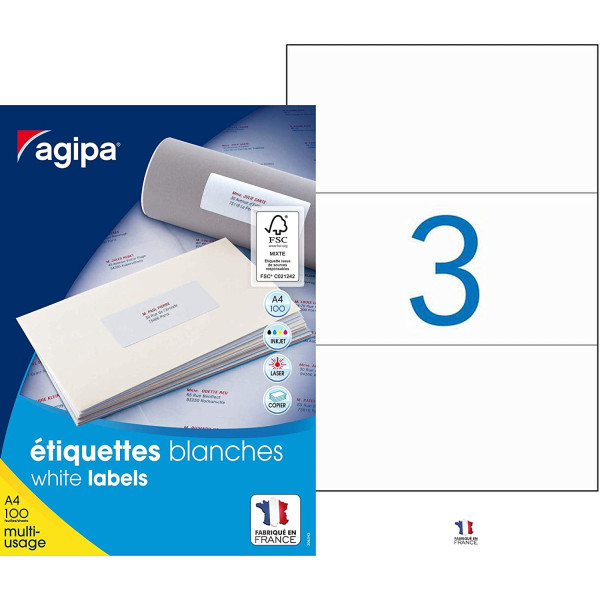 photo-300 Étiquettes Blanches - A4 - 210X99Mm - Multi-Usage - Agipa 119019