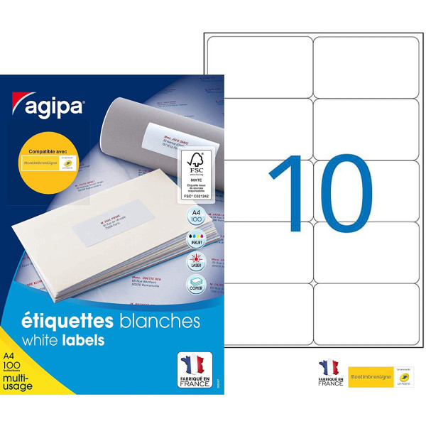 1000 Étiquettes Blanches - A4 - 99,1X57Mm - Multi-Usage - Agipa pas cher