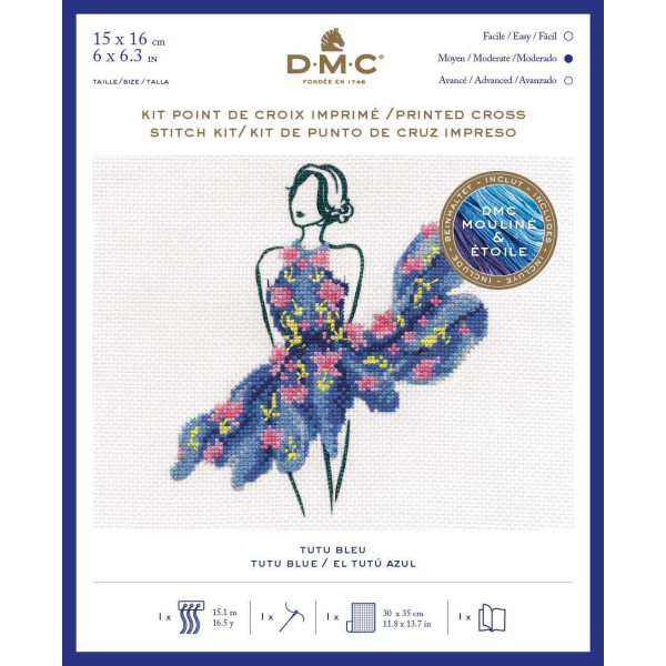 photo - Kit point de croix - Danseuse tutu bleu - Toile imprimé, fils, aiguilles - DMC