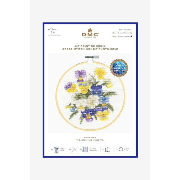 photo - Kit point de croix - Violettes - Fleurs - Toile imprimé, fils, aiguilles, tambour - DMC