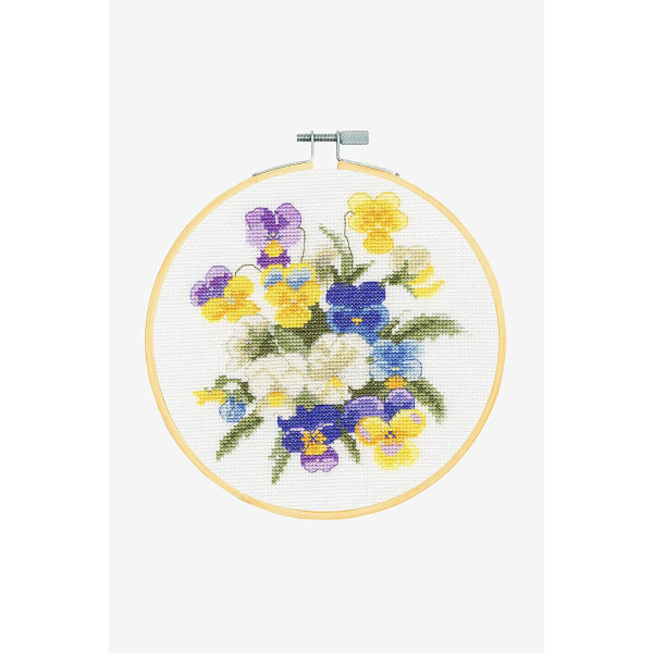 Kit point de croix - Violettes - Fleurs - Toile imprimé, fils, aiguilles, tambour - DMC