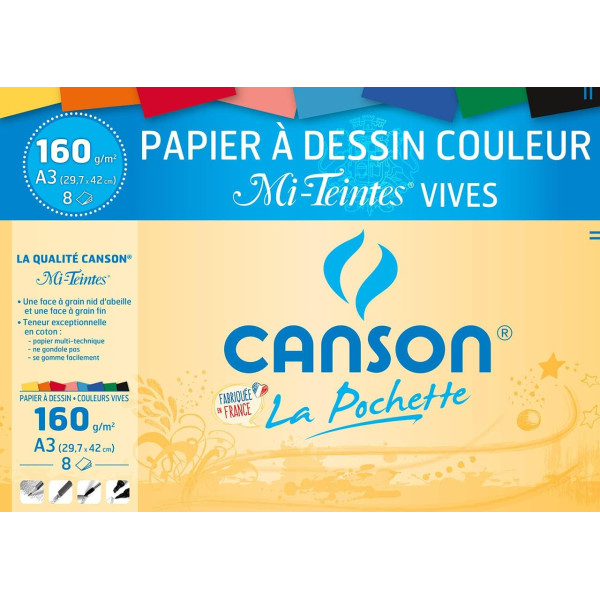 photo - Papier dessin - Canson - A3 - Mi-teintes - Couleurs vives - 160g - 8 feuilles - Dessin