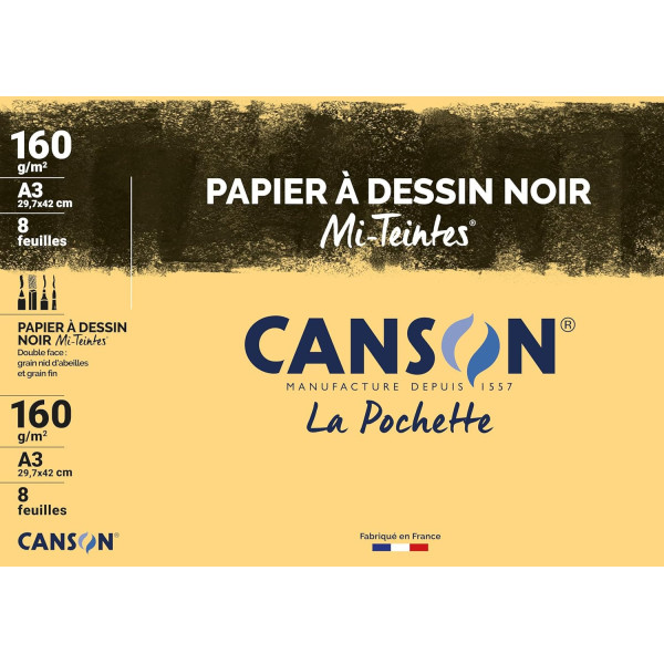 photo - Papier dessin - A3 - 29,7x42cm - Canson - Mi-teintes - Noir - 160g - 8 feuilles - Dessin