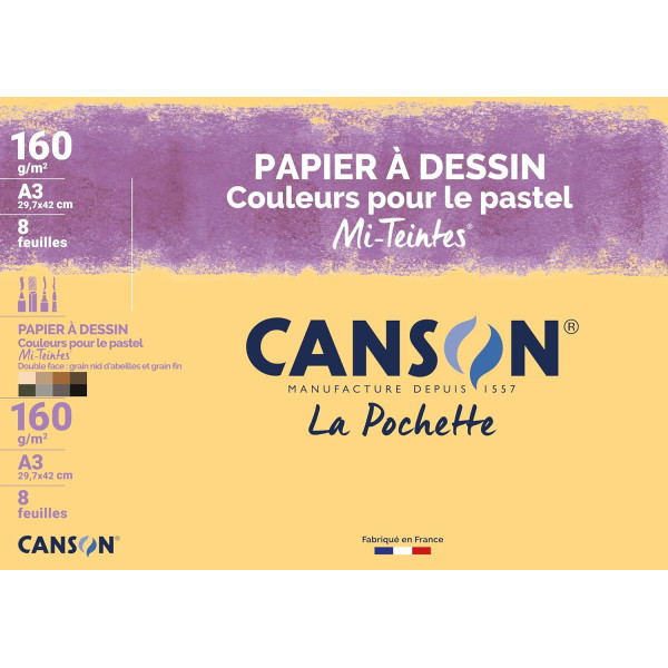 photo - Papier dessin - Canson - A3 - Mi-teintes - Couleurs pour pastel - 160g - 8 feuilles - Dessin
