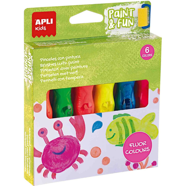 photo - 6 Pinceaux avec peinture - Gouache - Pour enfant - Couleurs fluo - Apli kids