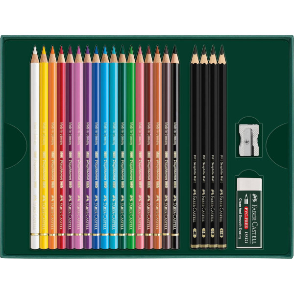 Coffret - 17 crayons de couleur + 4 crayons graphite - Faber-Castell - Polychromos - Pitt Graphite Matt