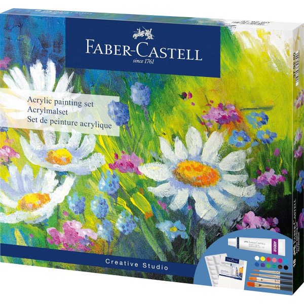 photo-Peinture acrylique - Coffret 12 couleurs + toile 20x25cm + palette + pinceaux - Faber-Castell