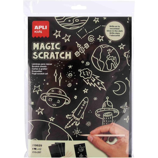 Feuilles de papier à gratter - Noir - Brille dans le noir - A4 - 8 cartes + bâtonnets