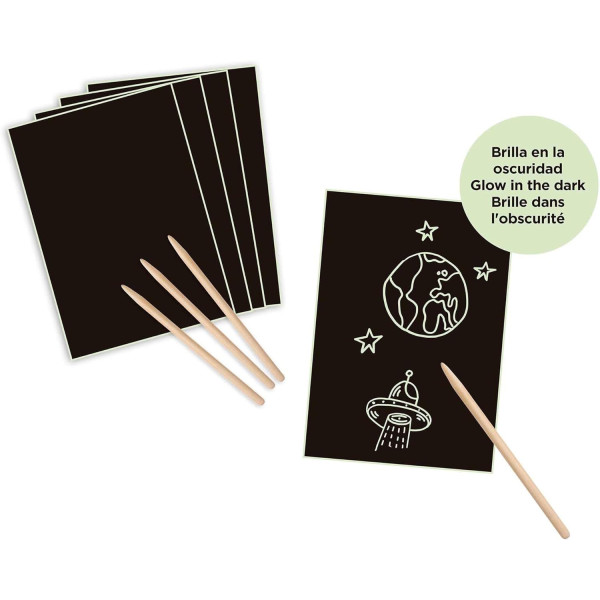 Feuilles de papier à gratter - Noir - Brille dans le noir - A4 - 8 cartes + bâtonnets