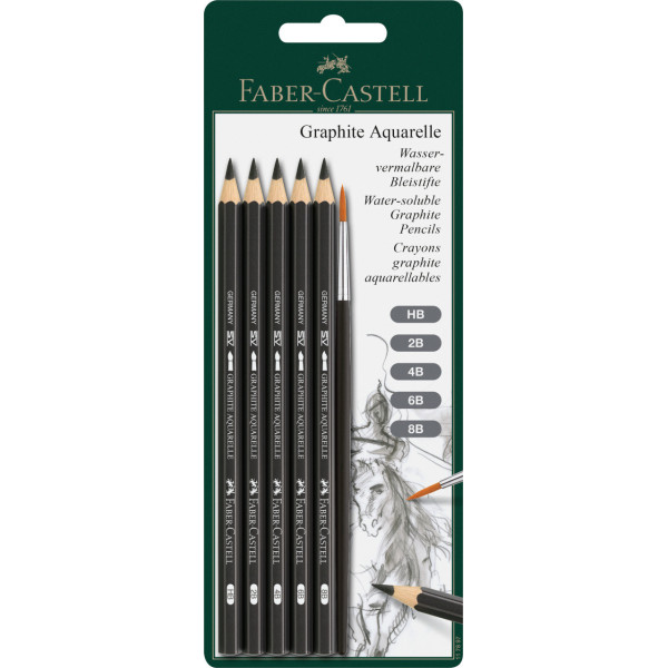 photo - 5 crayons graphite - Aquarellable - HB,2B,4B,6B,8B - Pinceau inclus - Faber-Castell
