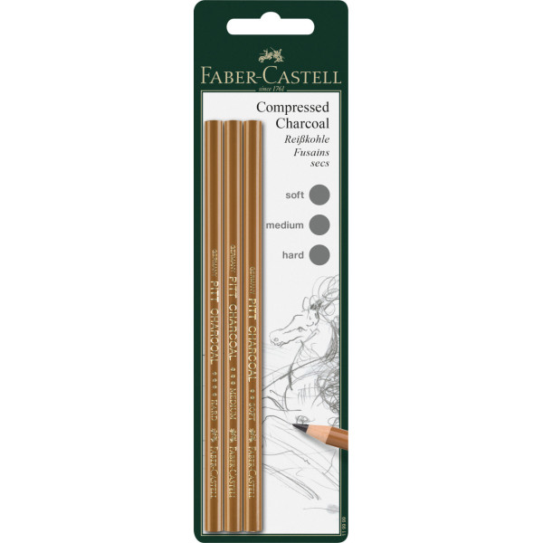 photo-Crayons fusain - Sec - Noir intense - Tendre, moyen, dur - Faber-Castell - 3 pièces