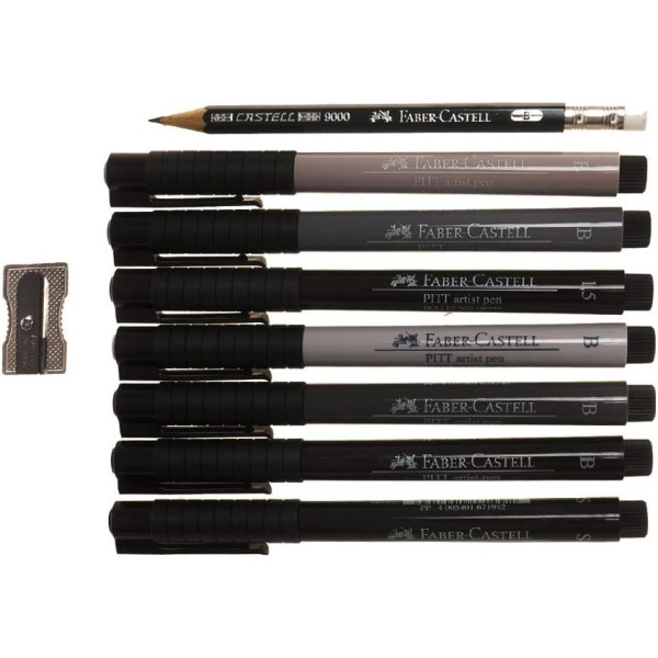 Feutres - Calligraphie - Noir/Gris - Pointe pinceau - Faber-Castell - Pitt Artist Pen