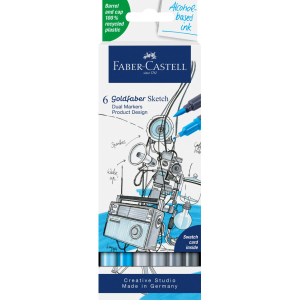 photo-6 feutres - Dessin - Faber-Castell - Goldfaber Sketch - Double pointe - Teintes bleu/gris