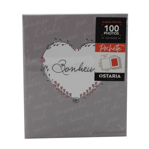 photo-Album photos - 16x13 cm - 100 photos 10x15cm - 100 pages - Couverture grise bonheur
