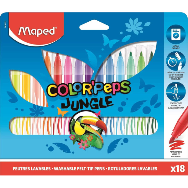 photo - 18 Feutres de coloriage - Pointe moyenne - Encre lavable - Maped - Color'peps jungle