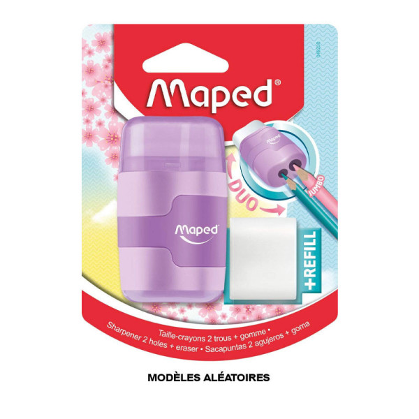 Taille-crayons 2 trous + gomme blanche - Avec réservoir - Couleurs pastel - Maped