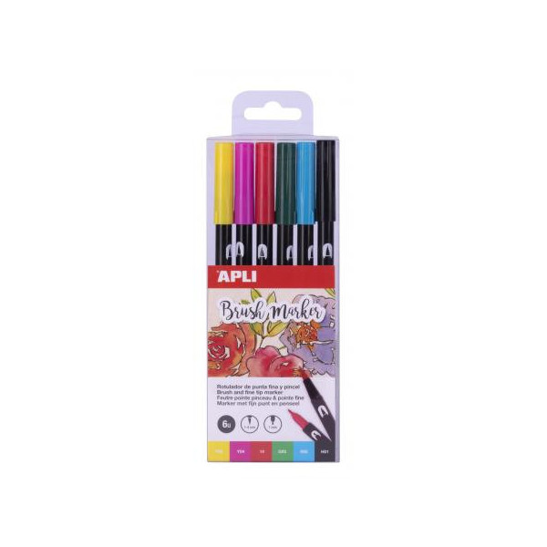 photo-Feutres - Double pointe pinceau et rond - 6 couleurs - Brush marker - APLI