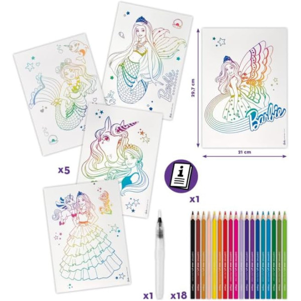 Coffret coloriage - Barbie - Peinture aquarelle - 5 affiches + 18 crayons - Maped