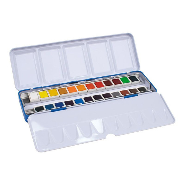 Peinture aquarelle - Boîte 24 demi-godets - Palette intégrée - Scolaire - Milan