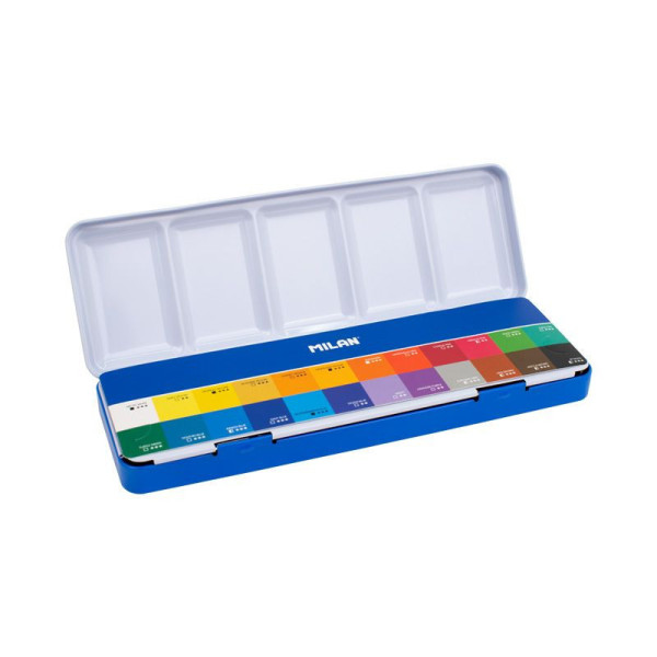 Peinture aquarelle - Boîte 24 demi-godets - Palette intégrée - Scolaire - Milan